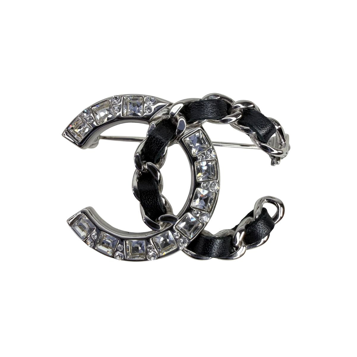 Chanel CC Crystal & Leather Chain Silver Tone Brooch