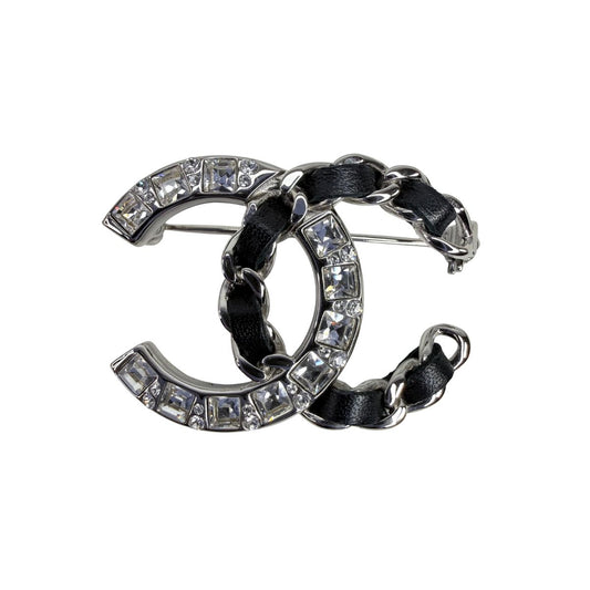 Chanel CC Crystal & Leather Chain Silver Tone Brooch