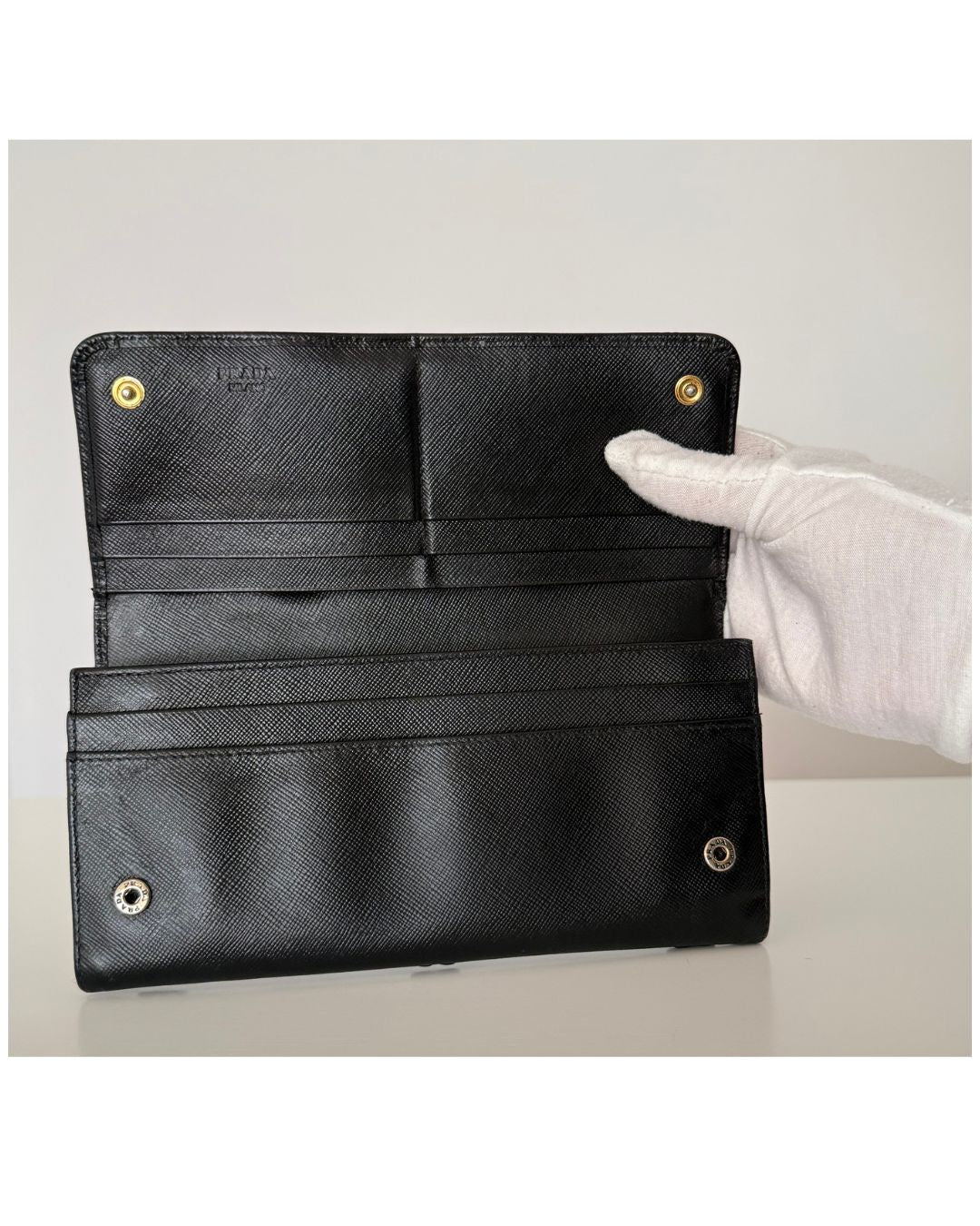 Prada Saffiano Leather Floral Appliqué Continental Flap Wallet Black