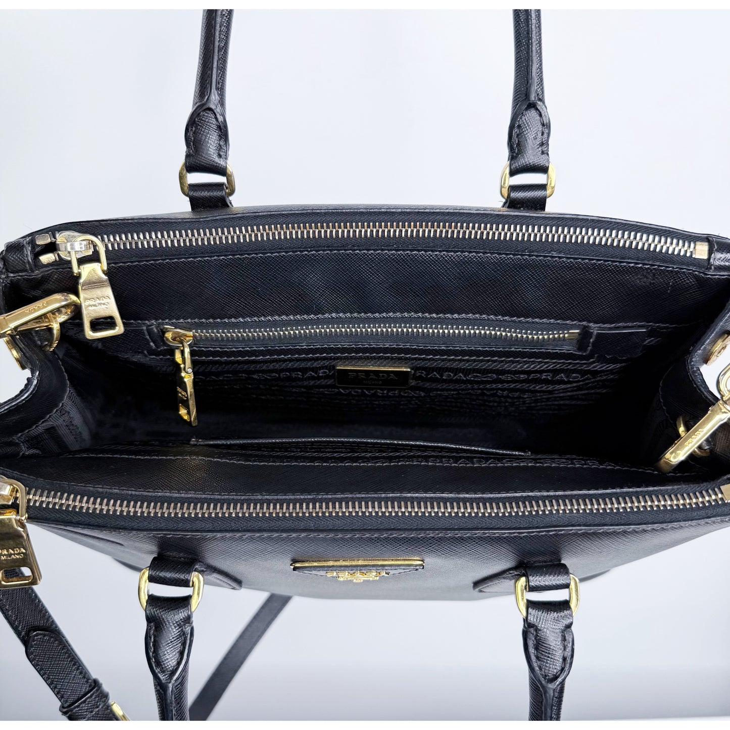 Prada Black Saffiano Leather Small Double Zip Galleria Tote w/ Strap