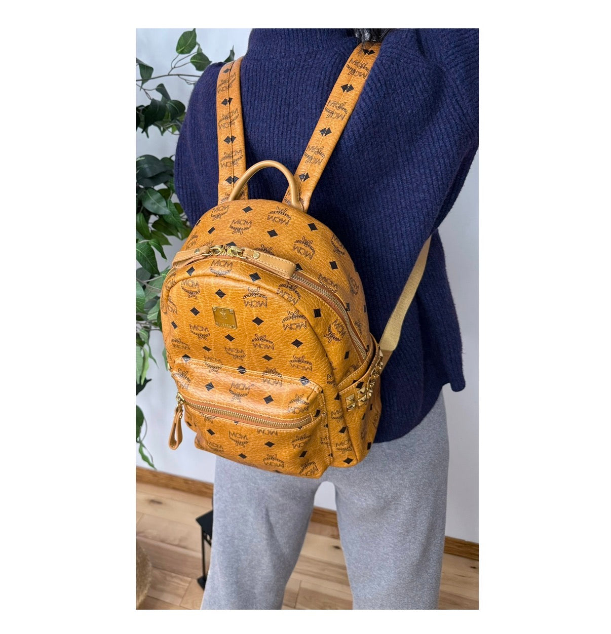 MCM Small Stark Side Studs Backpack in Visetos Cognac