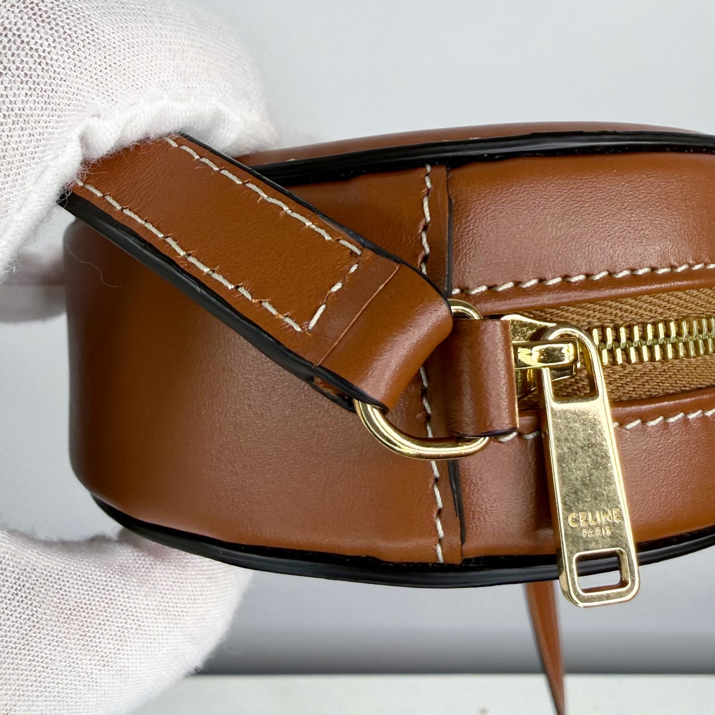 Celine Mini Triomphe Oval Crossbody Bag Tan Smooth Calfskin Leather Cuir
