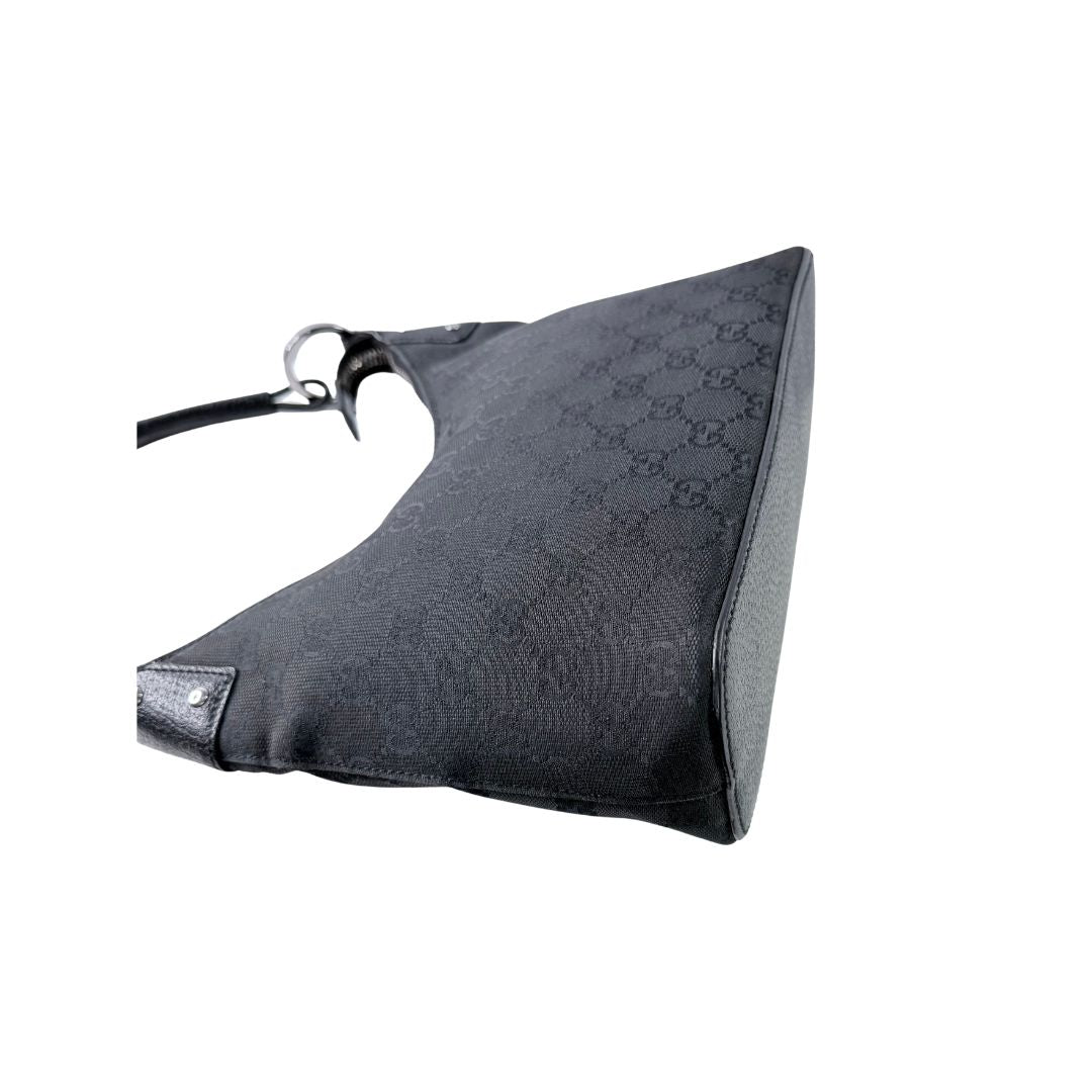 Gucci GG Canvas Leather Black Hobo Shoulder Bag