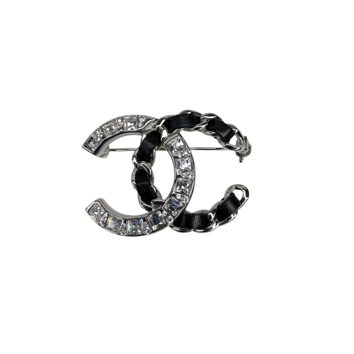Chanel CC Crystal & Leather Chain Silver Tone Brooch