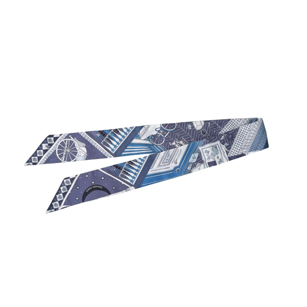 Hermès Objets de Curiosité Blue Silk Twilly Scarf