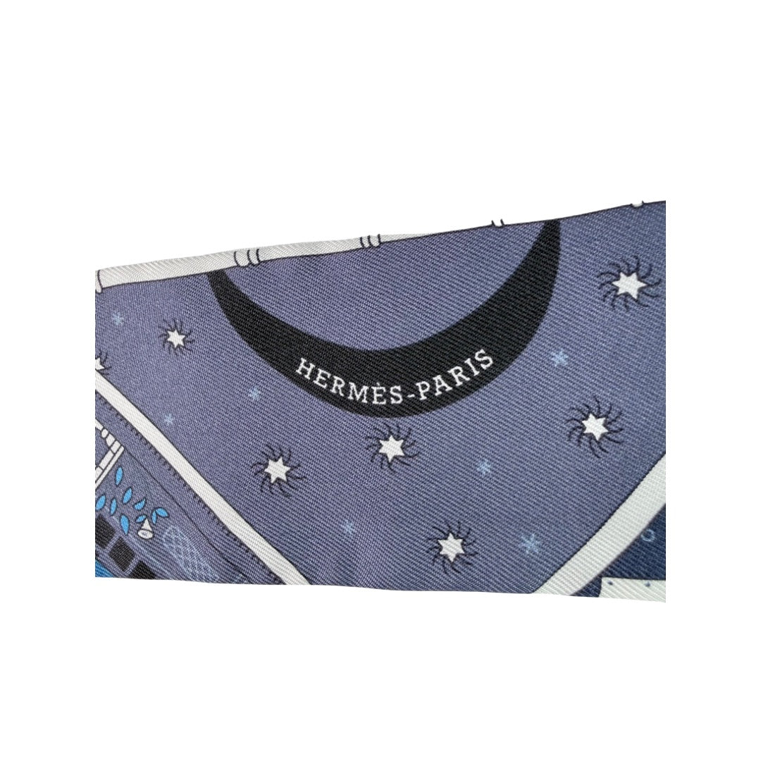Hermès Objets de Curiosité Blue Silk Twilly Scarf
