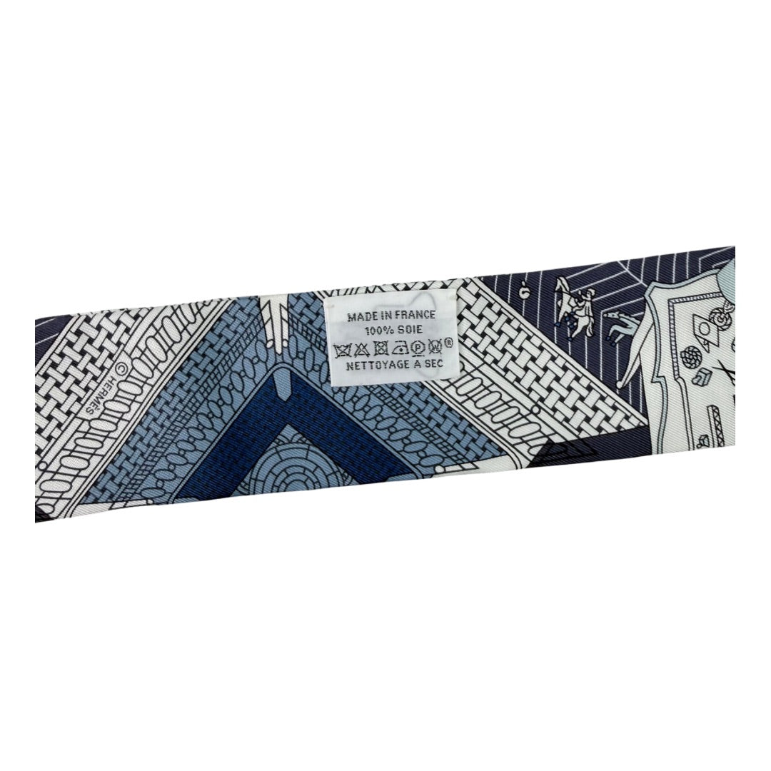 Hermès Objets de Curiosité Blue Silk Twilly Scarf