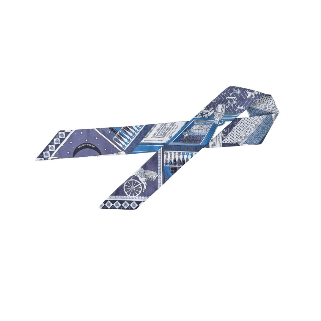 Hermès Objets de Curiosité Blue Silk Twilly Scarf