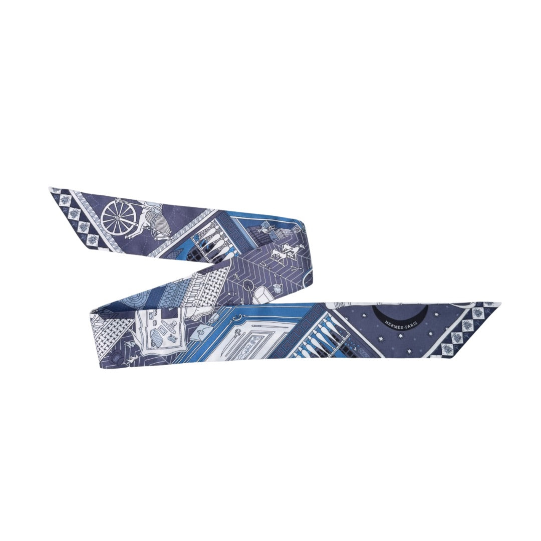 Hermès Objets de Curiosité Blue Silk Twilly Scarf