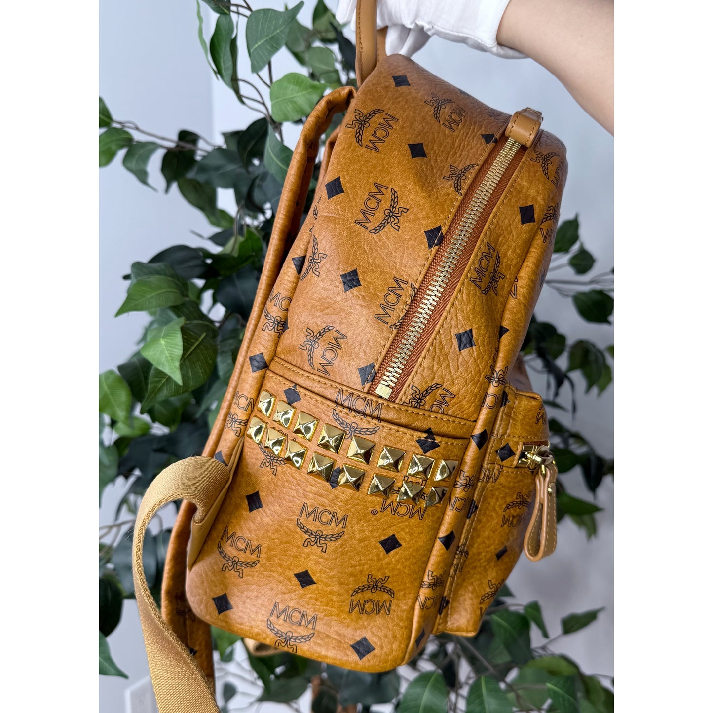 MCM Small Stark Side Studs Backpack in Visetos Cognac