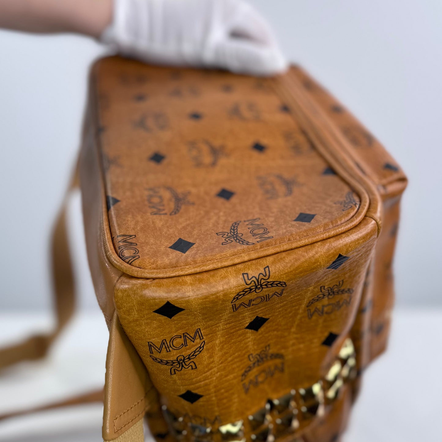 MCM Small Stark Side Studs Backpack in Visetos Cognac