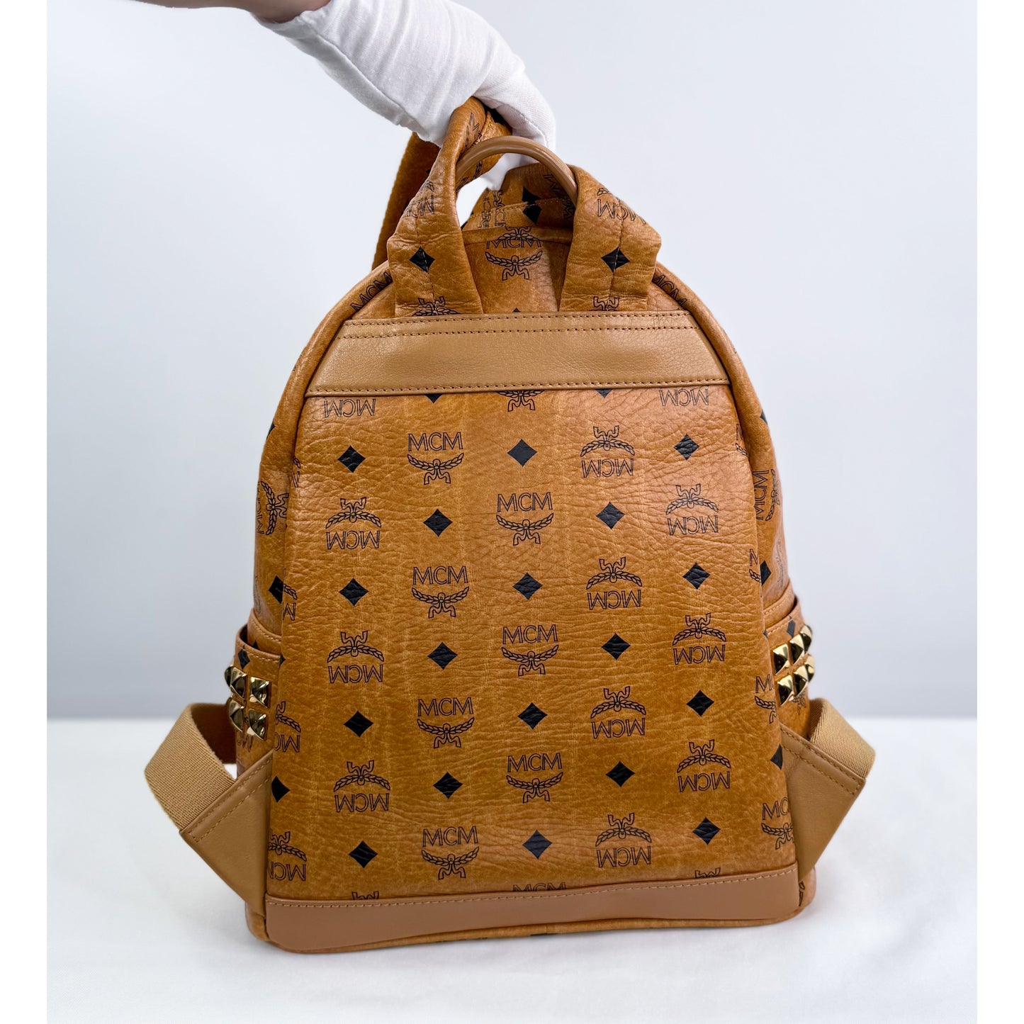 MCM Small Stark Side Studs Backpack in Visetos Cognac