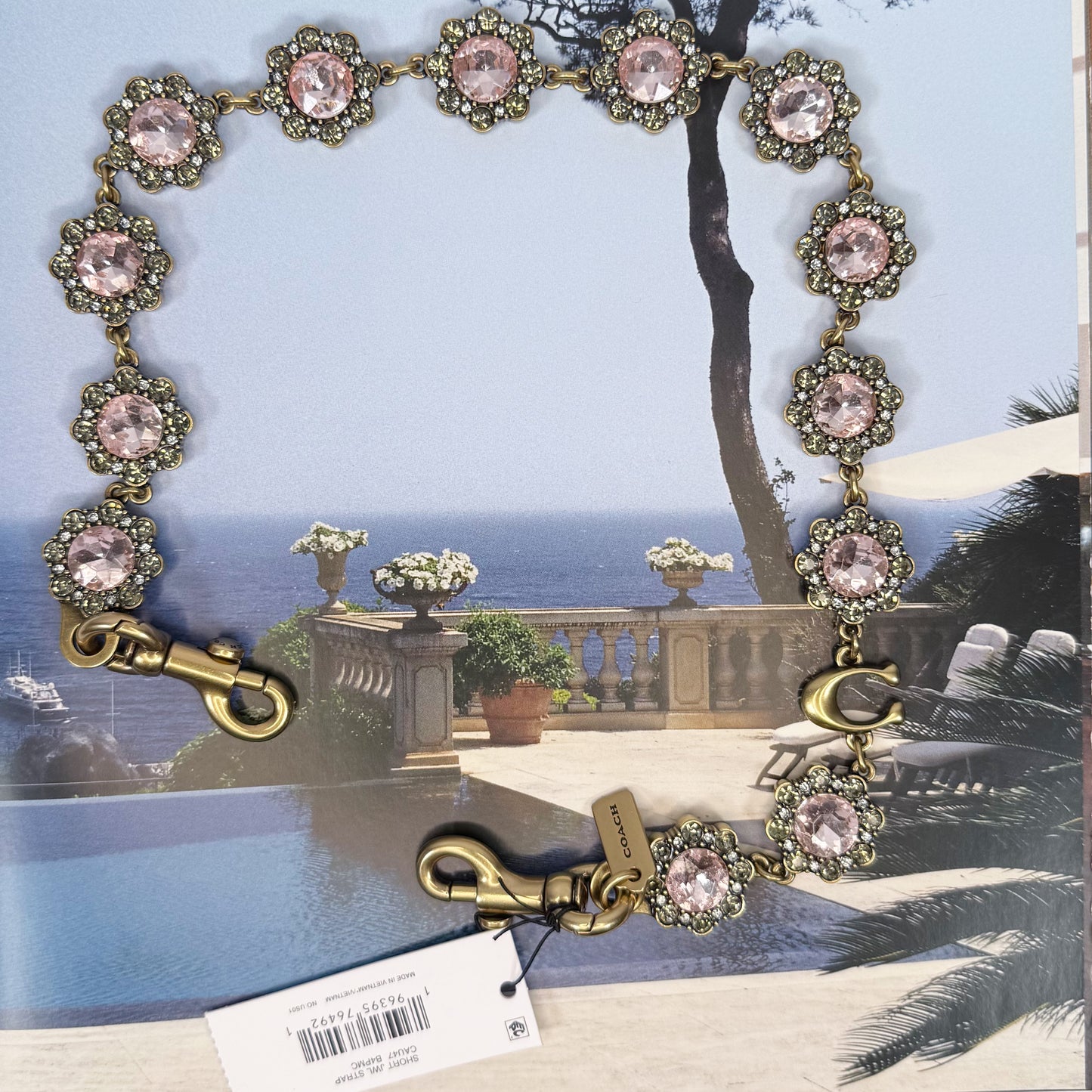 Coach Short Jewelry Chain Strap In Brass/Pink Multi CAU47 NWT