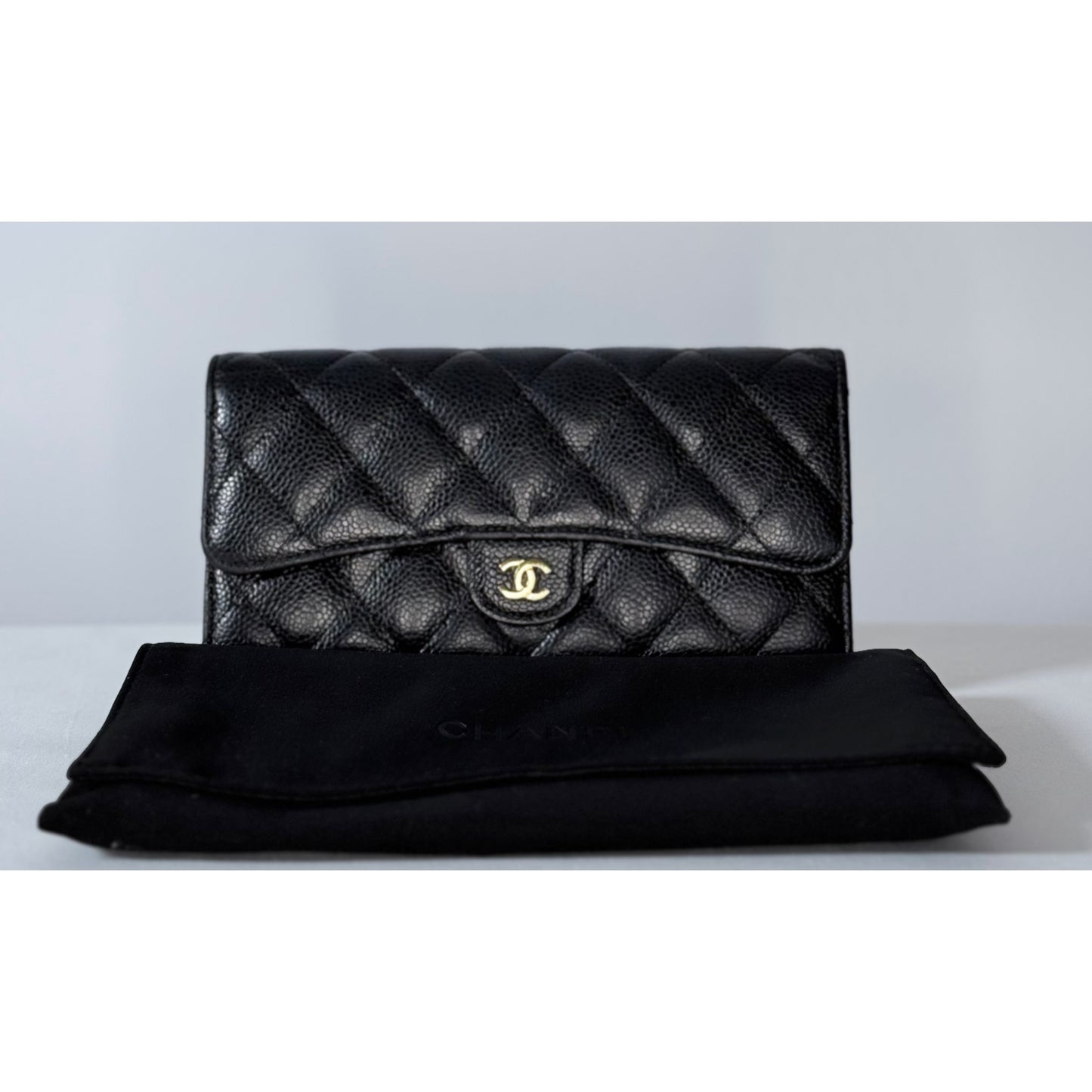 Chanel Classic Quilted Caviar Long Flap Wallet Gold CC Logo