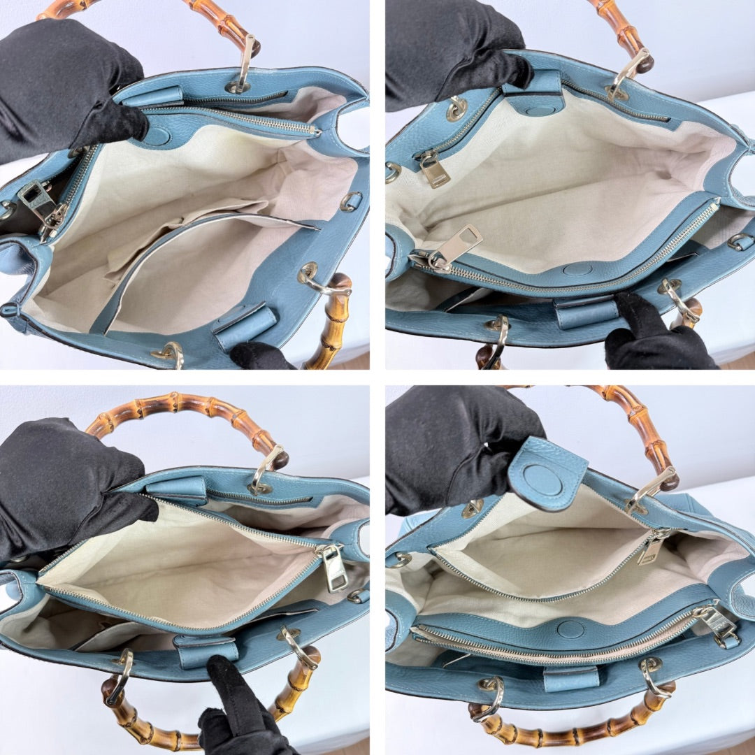 Gucci  Bamboo Pebbled Leather Blue Shopper Tote
