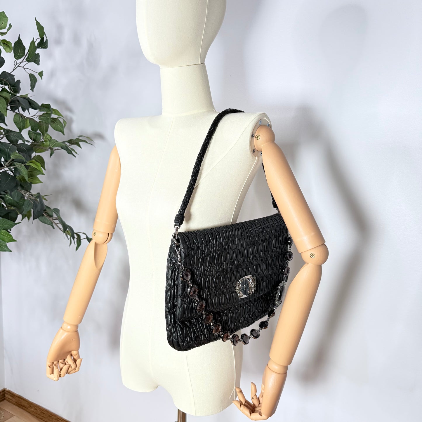 Miu Miu Black Crystal Cloquè Large Bag with Silver Hardware