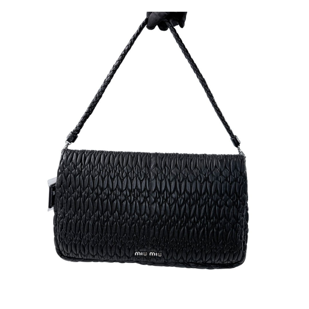 Miu Miu Black Crystal Cloquè Large Bag with Silver Hardware
