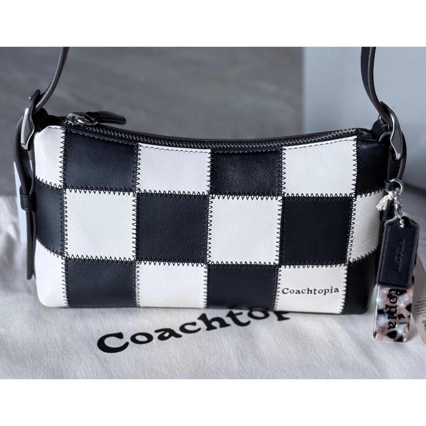 Coach SMALL Alter Ego Slouchy Checkerboard Black/White Shoulder Bag Coachtopia