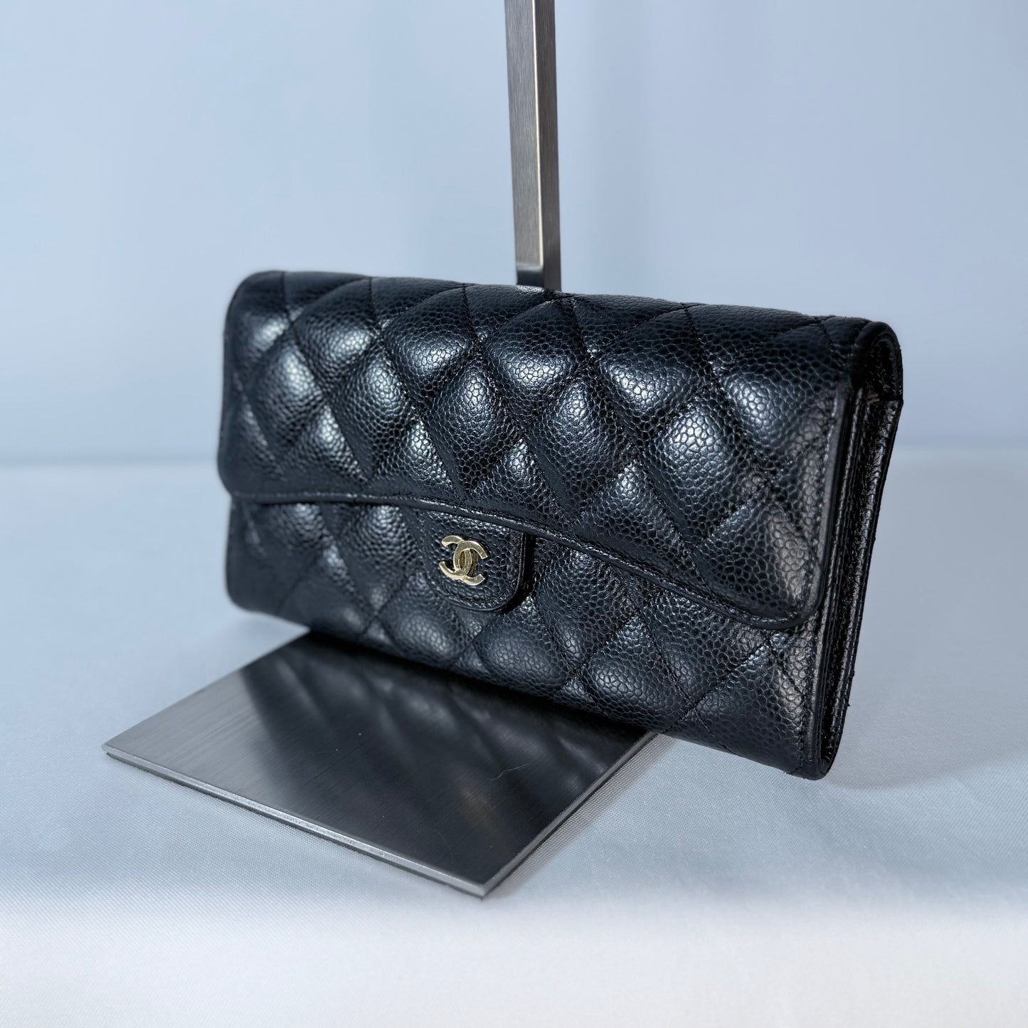 Chanel Classic Quilted Caviar Long Flap Wallet Gold CC Logo