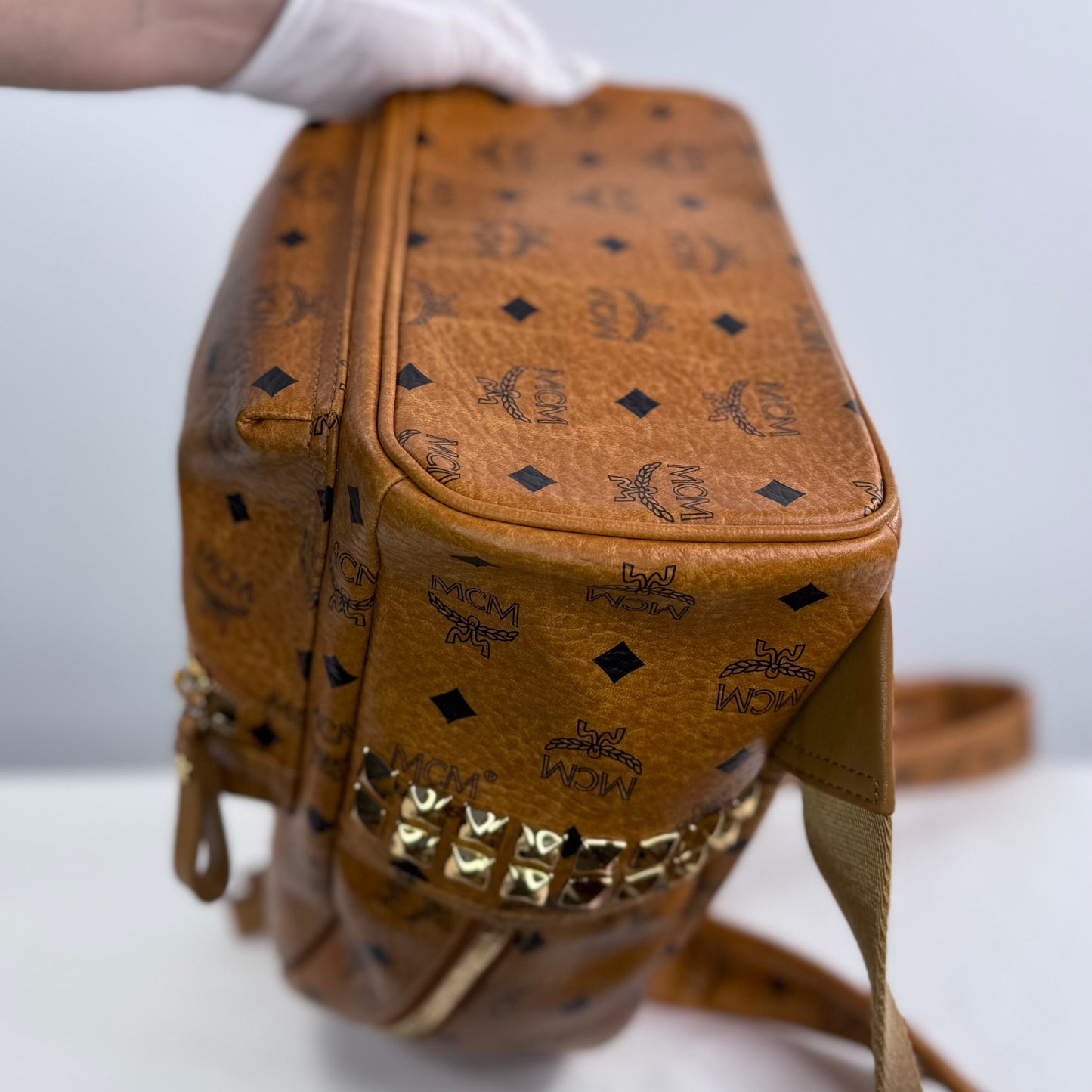 MCM Small Stark Side Studs Backpack in Visetos Cognac