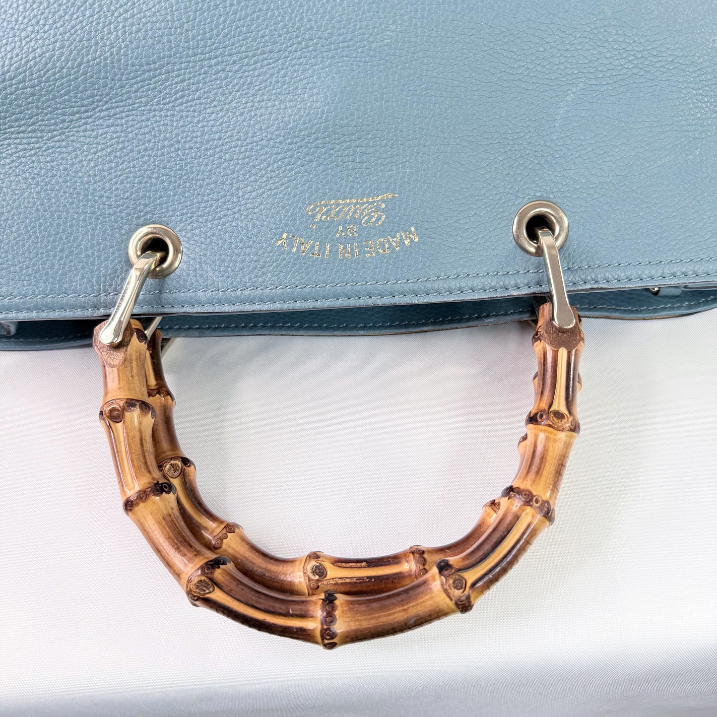 Gucci  Bamboo Pebbled Leather Blue Shopper Tote
