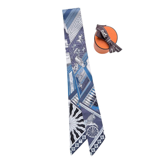 Hermès Objets de Curiosité Blue Silk Twilly Scarf
