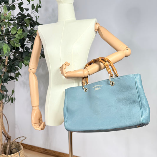 Gucci  Bamboo Pebbled Leather Blue Shopper Tote