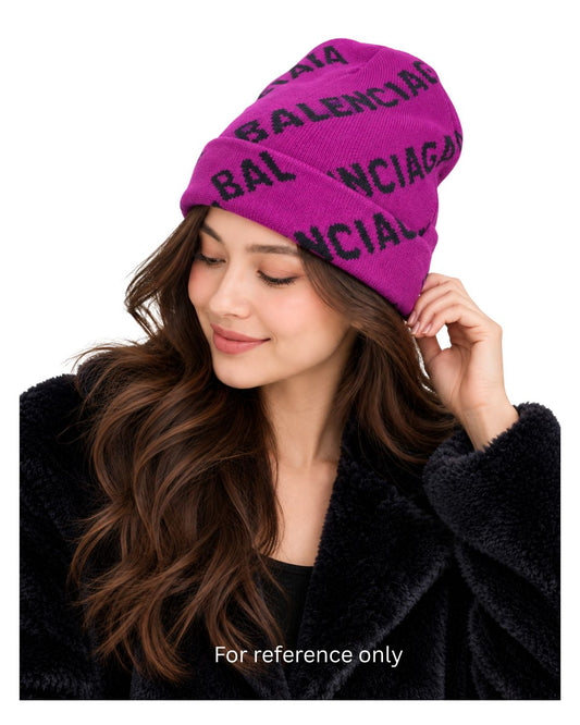 Balenciaga Wardrobe Allover Logo Fuchsia Pink Black Wool Knit Beanie