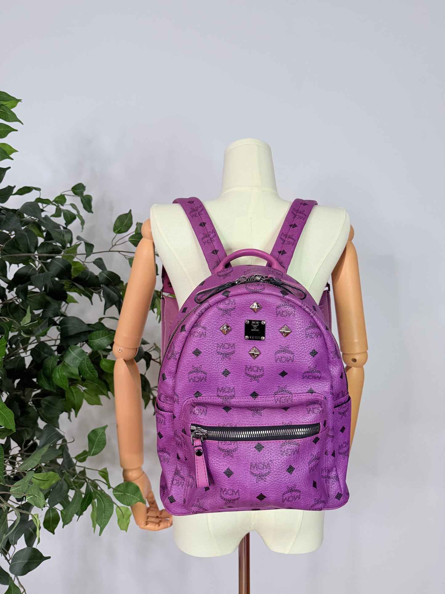 MCM Stark Visetos Purple Leather Backpack