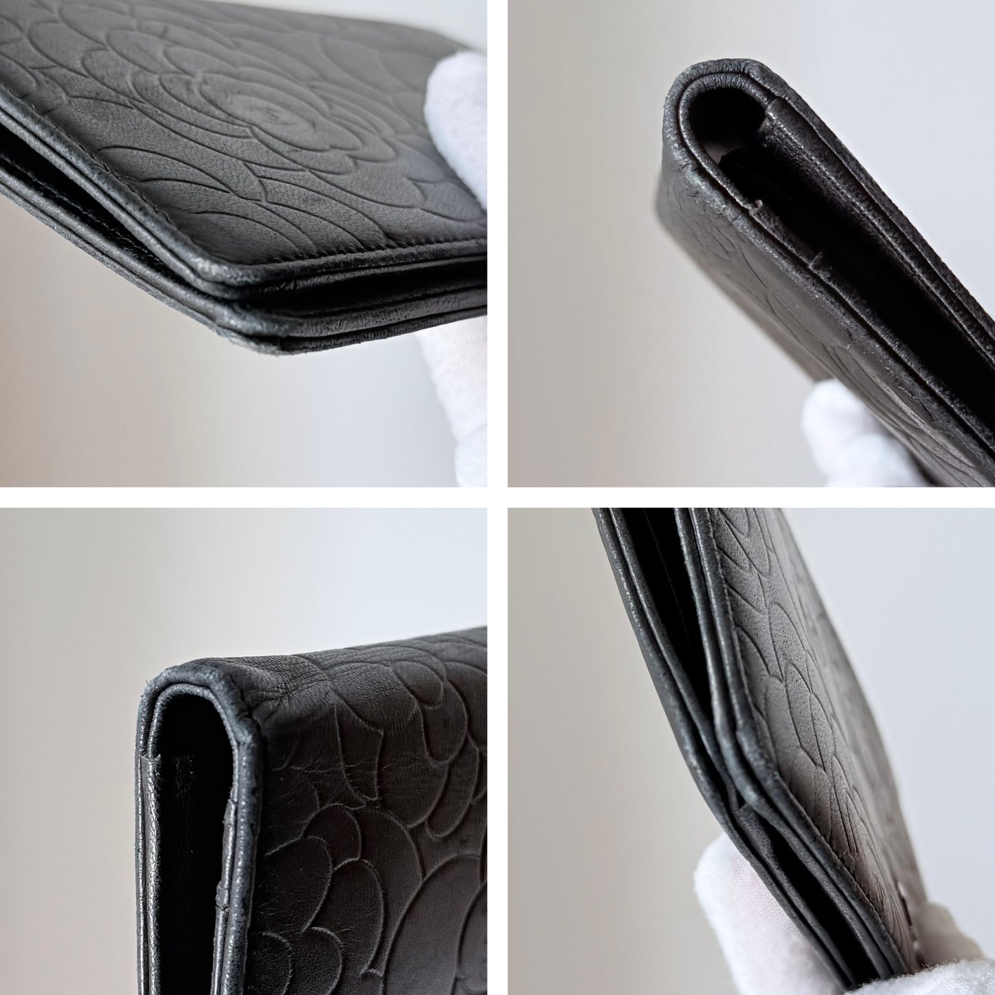 CHANEL Camellia Embossed Black Leather Long Wallet