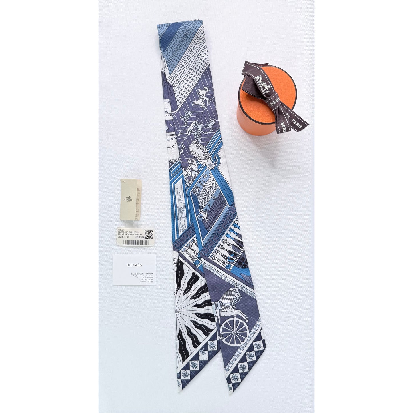 Hermès Objets de Curiosité Blue Silk Twilly Scarf