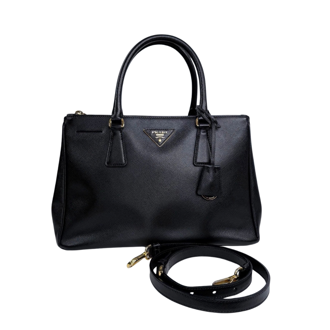 Prada Black Saffiano Leather Small Double Zip Galleria Tote w/ Strap