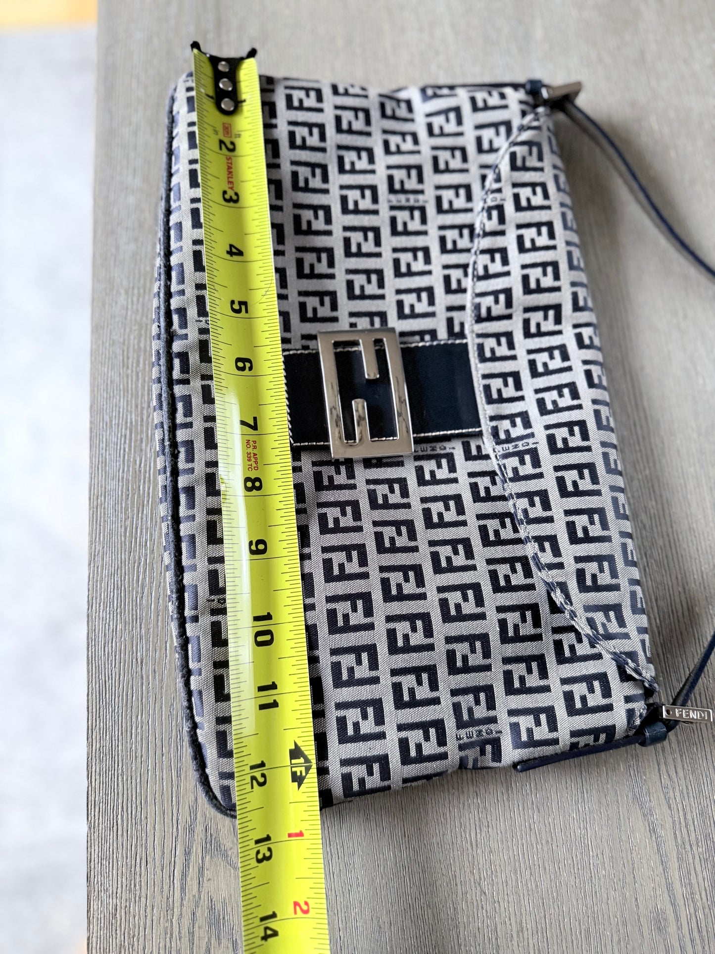 FENDI Zucchino Canvas Mamma Baguette Shoulder Bag Navy Silver