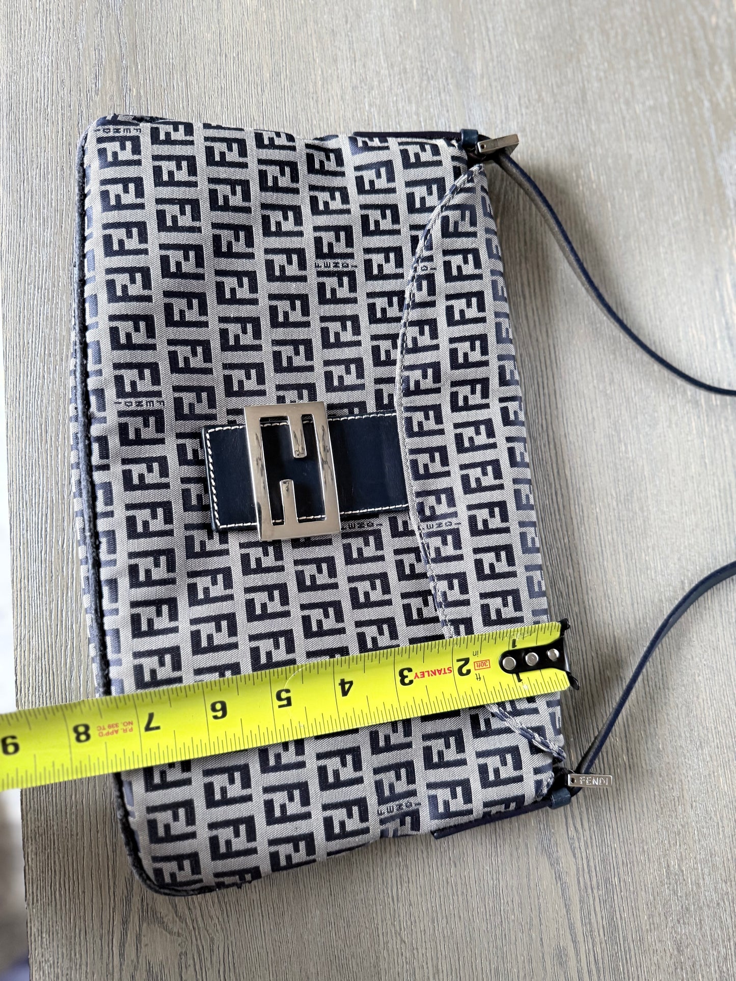 FENDI Zucchino Canvas Mamma Baguette Shoulder Bag Navy Silver