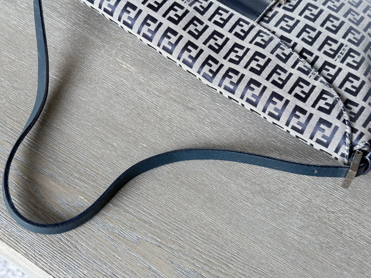 FENDI Zucchino Canvas Mamma Baguette Shoulder Bag Navy Silver