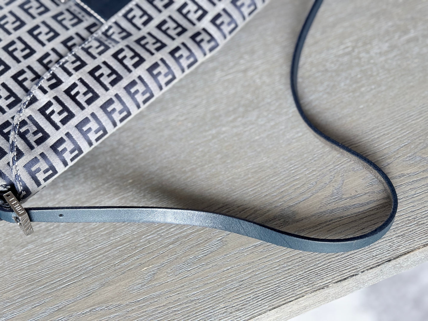 FENDI Zucchino Canvas Mamma Baguette Shoulder Bag Navy Silver