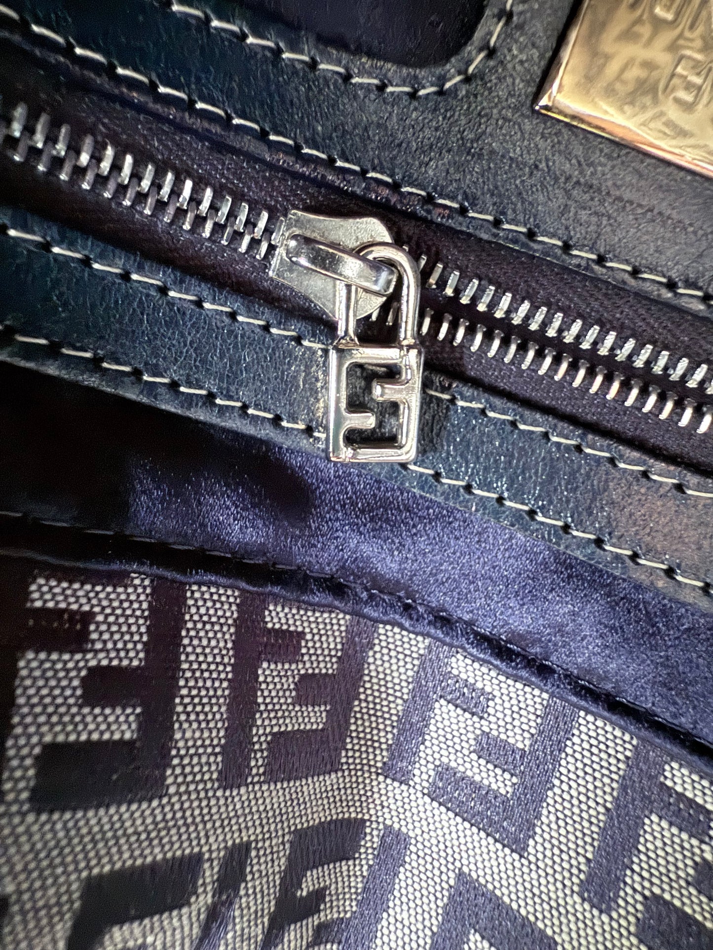 FENDI Zucchino Canvas Mamma Baguette Shoulder Bag Navy Silver