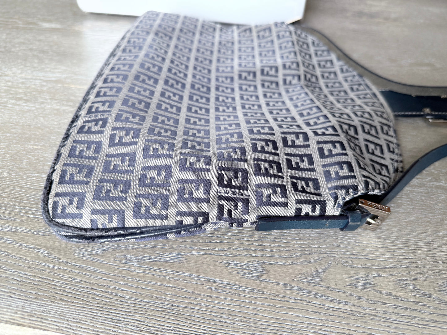 FENDI Zucchino Canvas Mamma Baguette Shoulder Bag Navy Silver