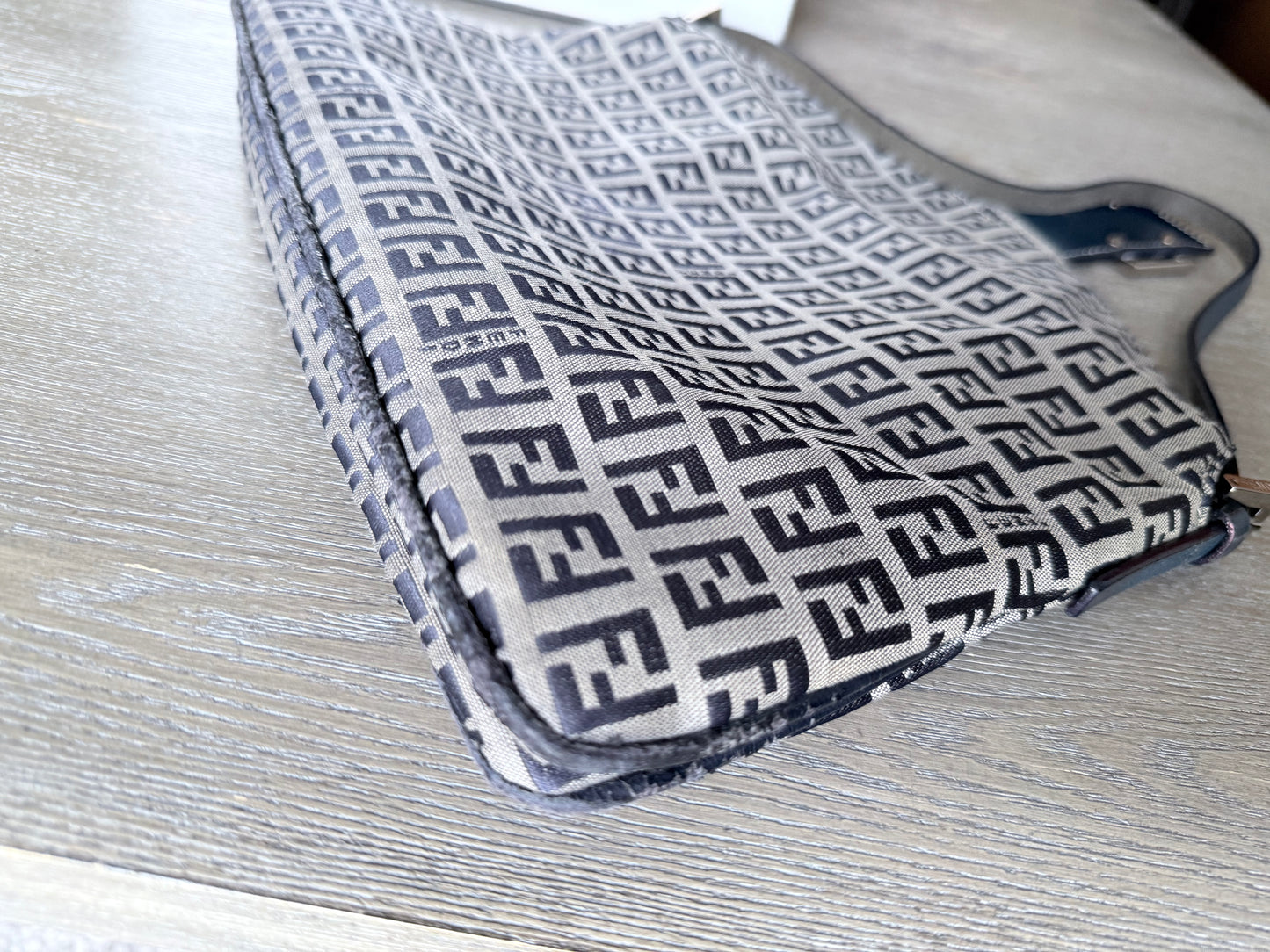 FENDI Zucchino Canvas Mamma Baguette Shoulder Bag Navy Silver