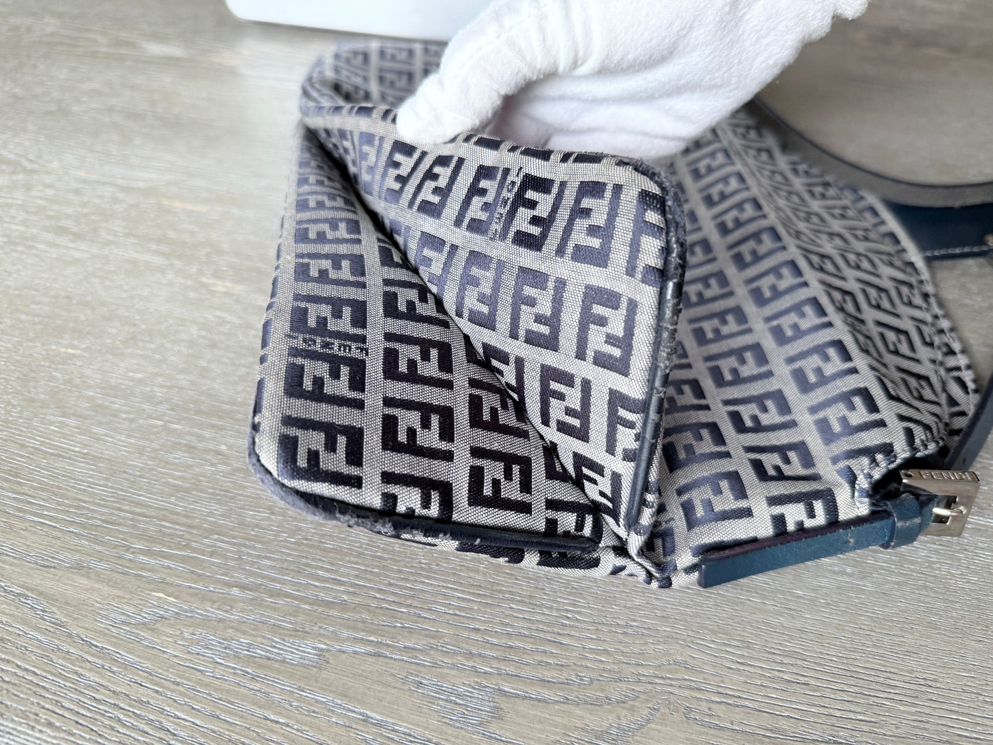 FENDI Zucchino Canvas Mamma Baguette Shoulder Bag Navy Silver