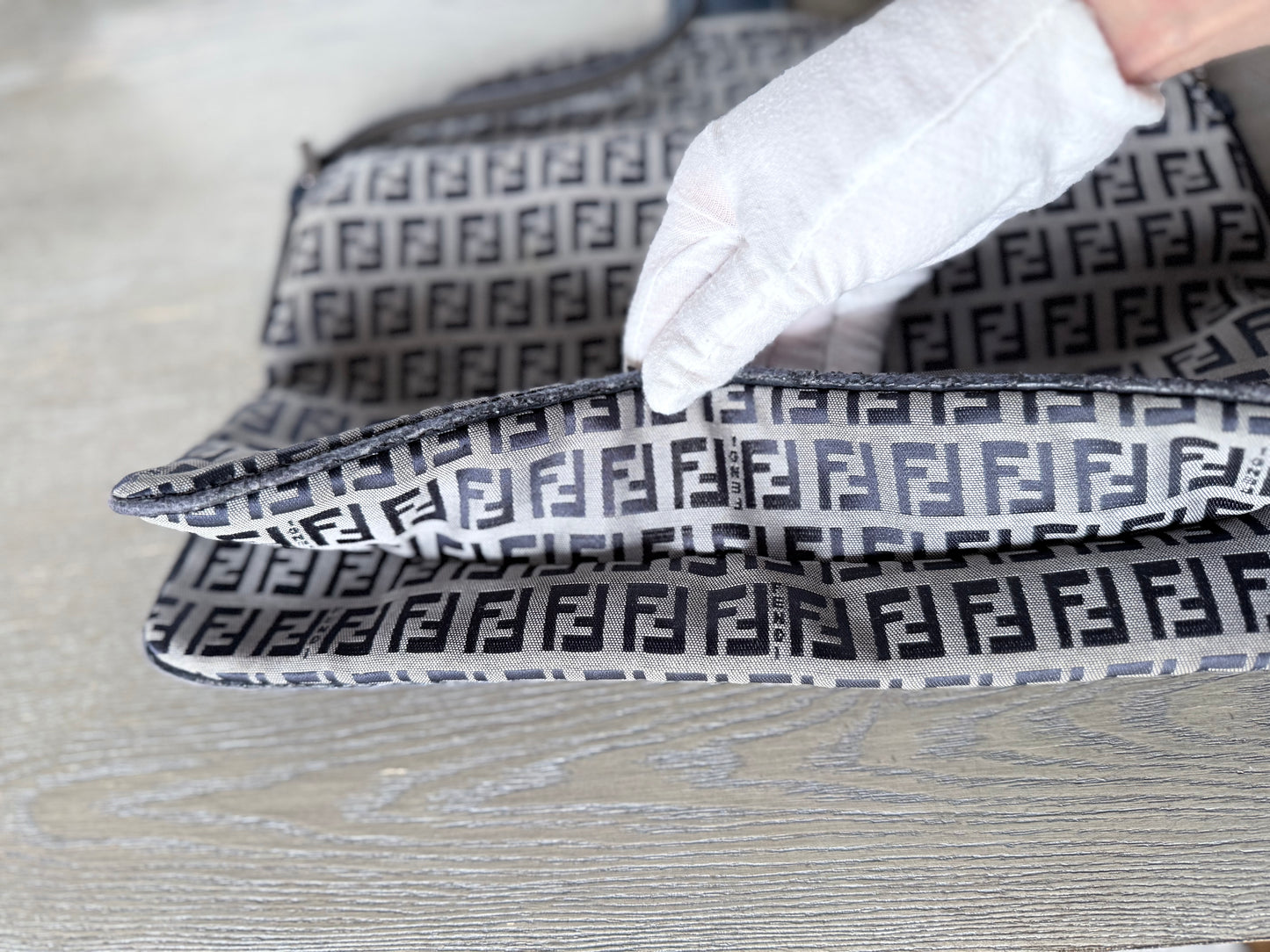 FENDI Zucchino Canvas Mamma Baguette Shoulder Bag Navy Silver