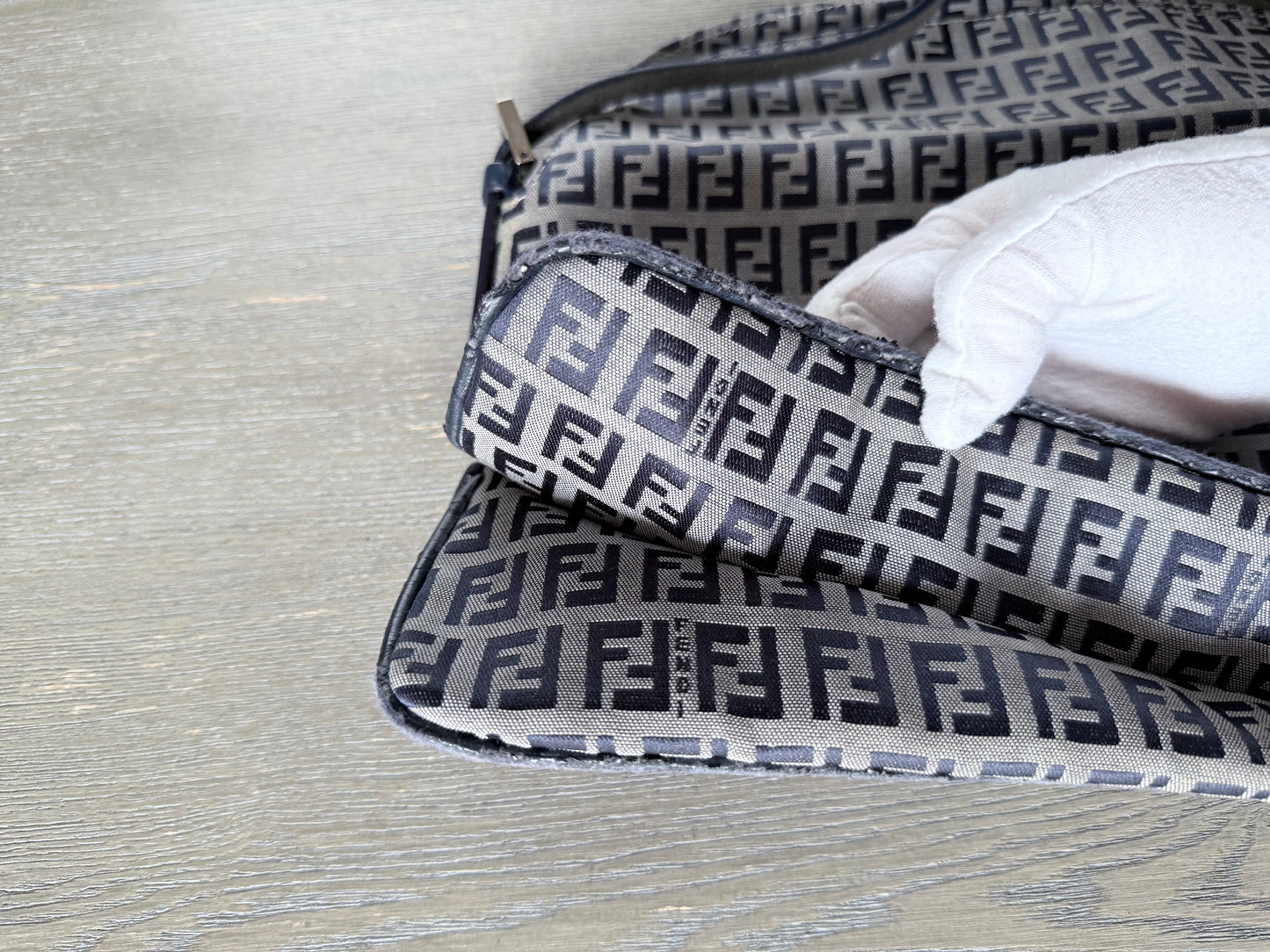 FENDI Zucchino Canvas Mamma Baguette Shoulder Bag Navy Silver