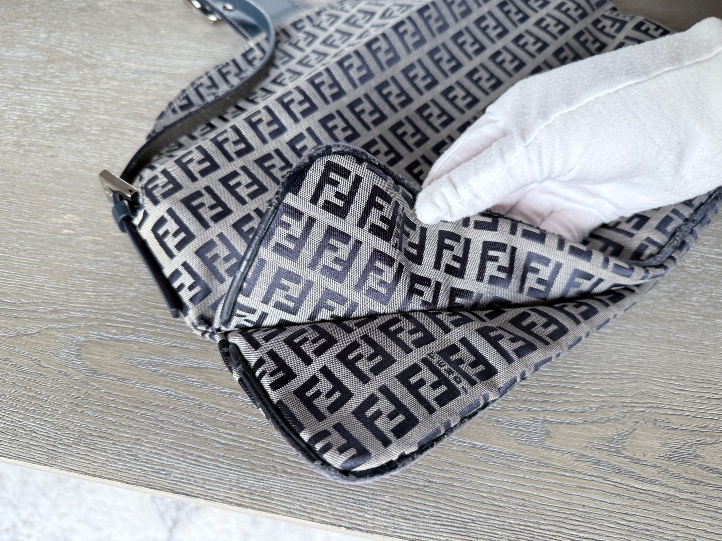 FENDI Zucchino Canvas Mamma Baguette Shoulder Bag Navy Silver