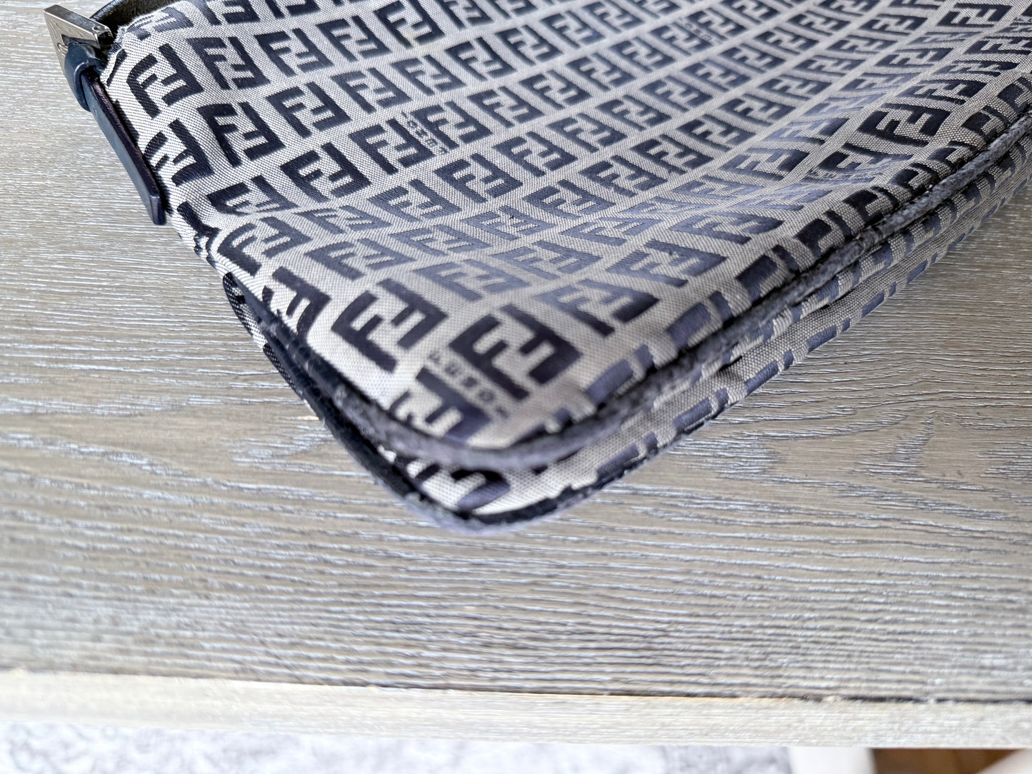 FENDI Zucchino Canvas Mamma Baguette Shoulder Bag Navy Silver