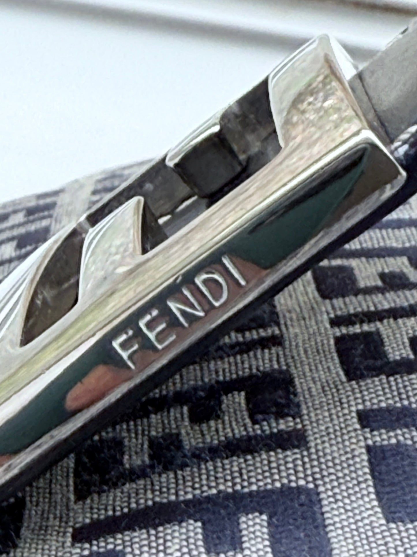 FENDI Zucchino Canvas Mamma Baguette Shoulder Bag Navy Silver