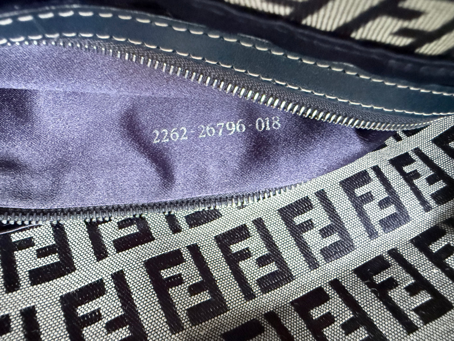 FENDI Zucchino Canvas Mamma Baguette Shoulder Bag Navy Silver