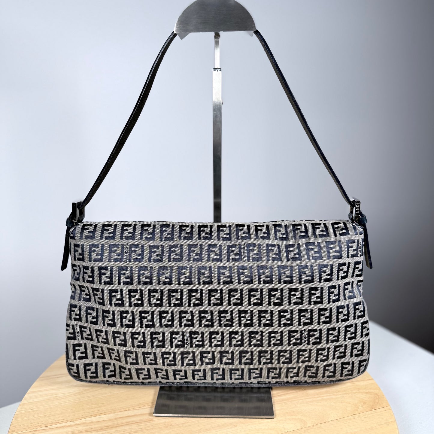 FENDI Zucchino Canvas Mamma Baguette Shoulder Bag Navy Silver