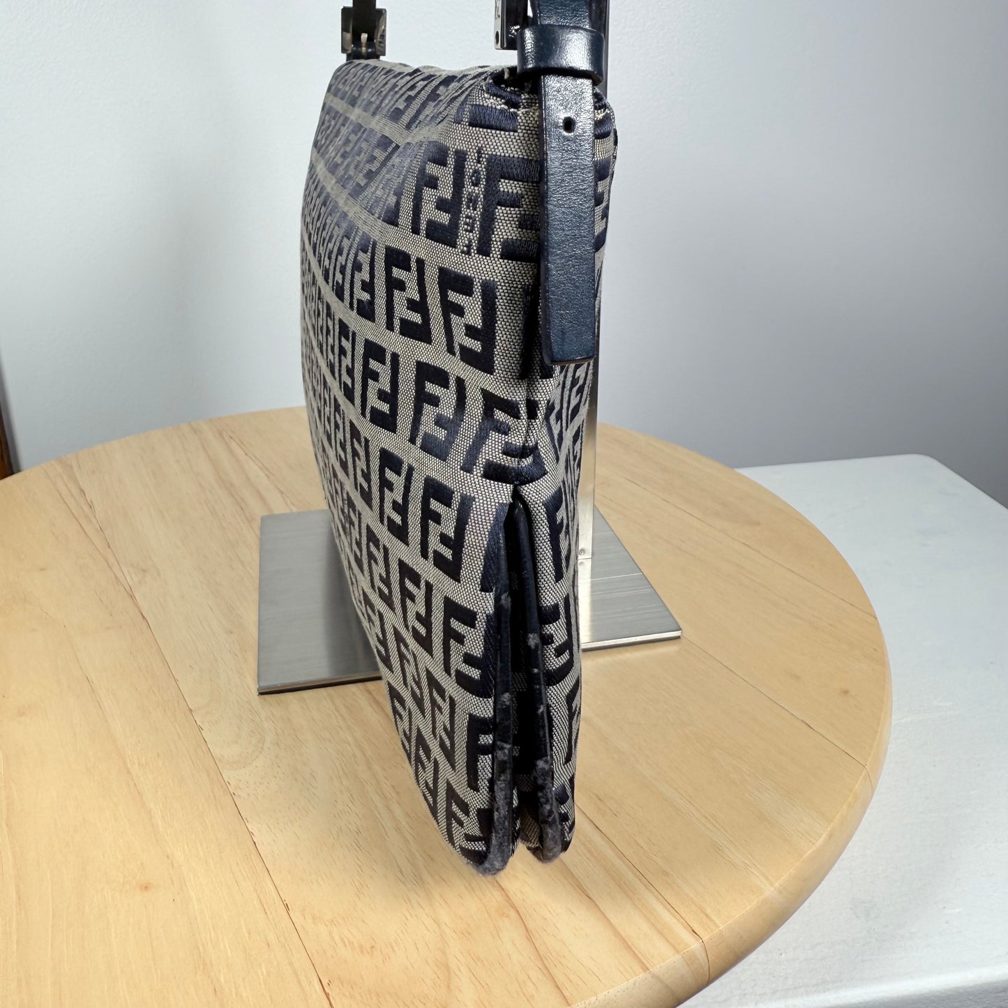 FENDI Zucchino Canvas Mamma Baguette Shoulder Bag Navy Silver