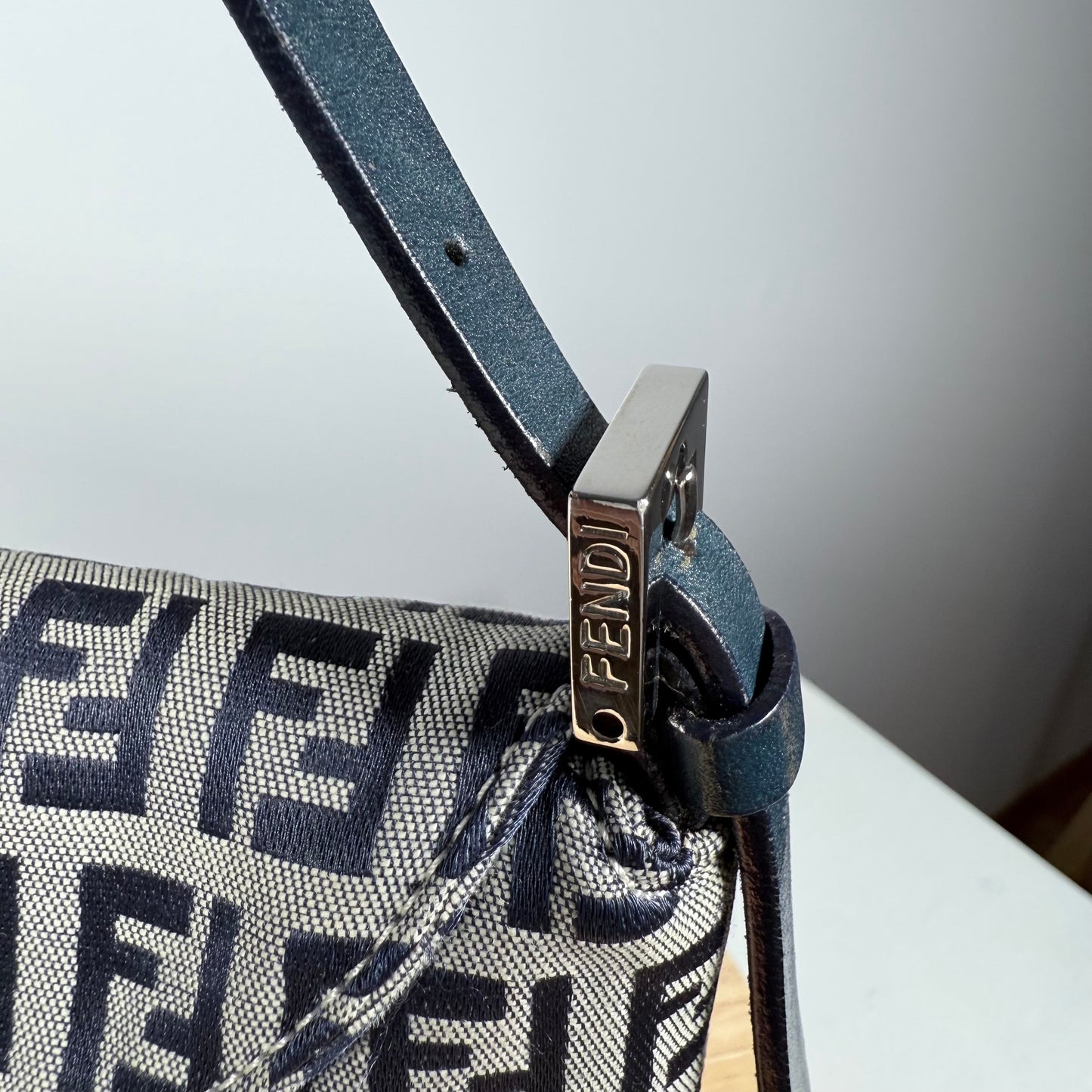 FENDI Zucchino Canvas Mamma Baguette Shoulder Bag Navy Silver