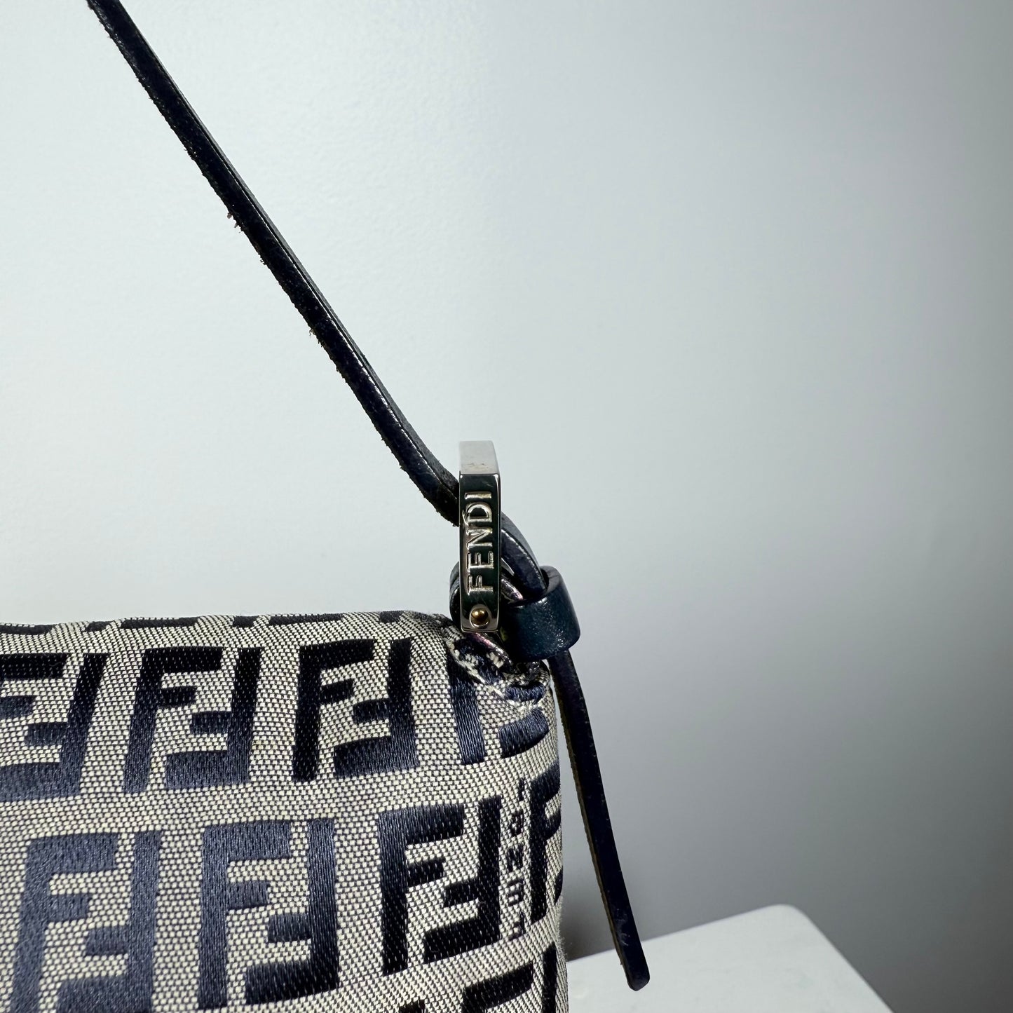 FENDI Zucchino Canvas Mamma Baguette Shoulder Bag Navy Silver